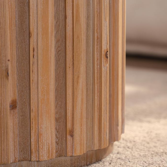 Nesting Round Coffee Table Set of 2, 27.56" Fluted Circle Accent End Table, Morden Drum Side Table, Wooden Center Table for Living Room, Fully Assembled - Natural Wood
