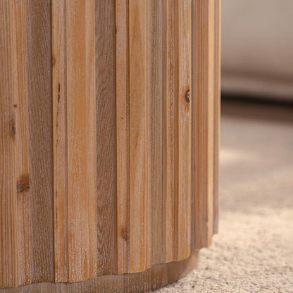 Nesting Round Coffee Table Set of 2, 27.56" Fluted Circle Accent End Table, Morden Drum Side Table, Wooden Center Table for Living Room, Fully Assembled - Natural Wood