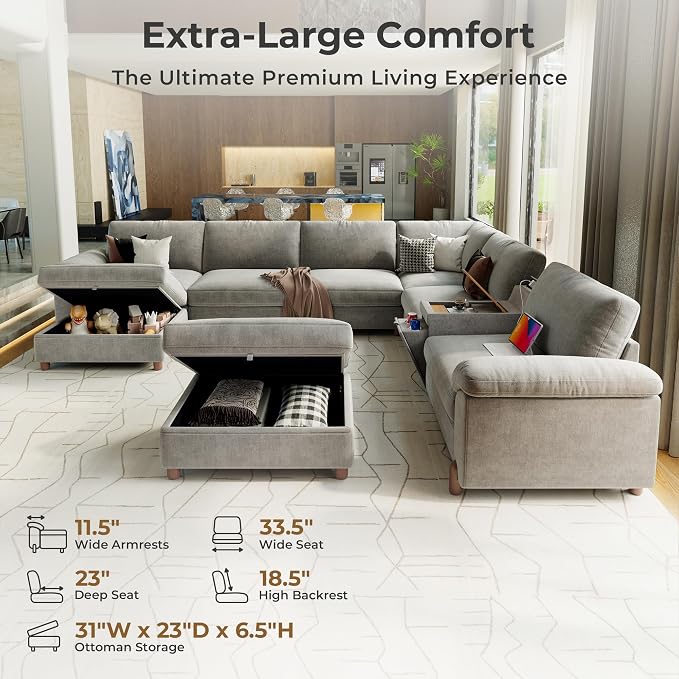 SITJOY Large Cloud Couch, 138" Wide 8 Seat V Shape with Console, Light Gray | Detachable and Washable Chenille Cover Sectional Sofas for Living Room, Deep Seat Wide Couch with Chaise, Storage Ottoman
