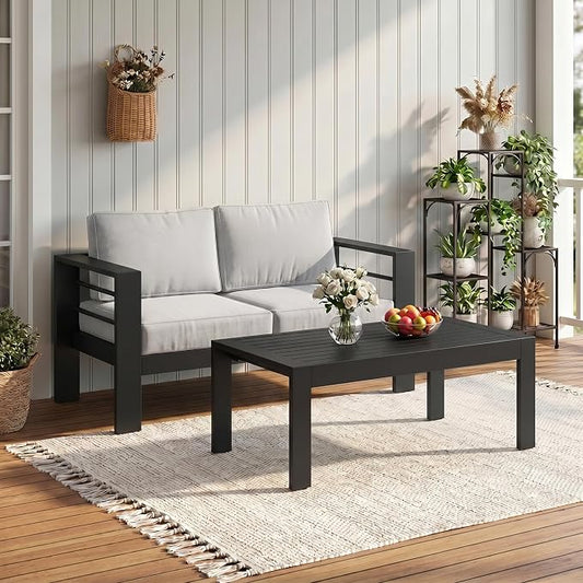 Solaste Aluminum Outdoor Loveseat with Coffee Table,2 PCS Patio Furniture Set with Cushions, All-Weather Outdoor Patio Sofa Sets for Balcony, Deck, Backyard, Porch, Garden, Light Grey