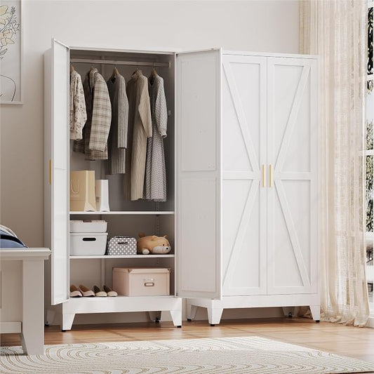Baborokic Metal Armoire Wardrobe Closet with Hanging Rod,71H Metal Cabinet with Doors and Shelves,Freestanding Farmhouse Bedroom Armoire Closet,Storage Cabinets for Bedroom,Office,Laundry Room(White)