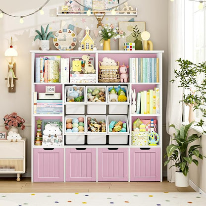 FINETONES Toy Storage Organizer with 6 Toy Bins, Toy Organizer Kids Bookshelf with 4 Movable Drawers and 6 Storage Cubbies, Toy Bins for Kids Organizer Playroom Storage for Living Room, Pink