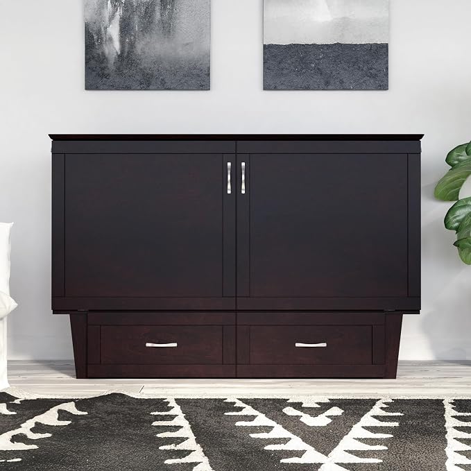 AFI, Monroe Queen Murphy Bed Chest with 6" Mattress, Storage Drawer & Built-in USB Charger, Espresso
