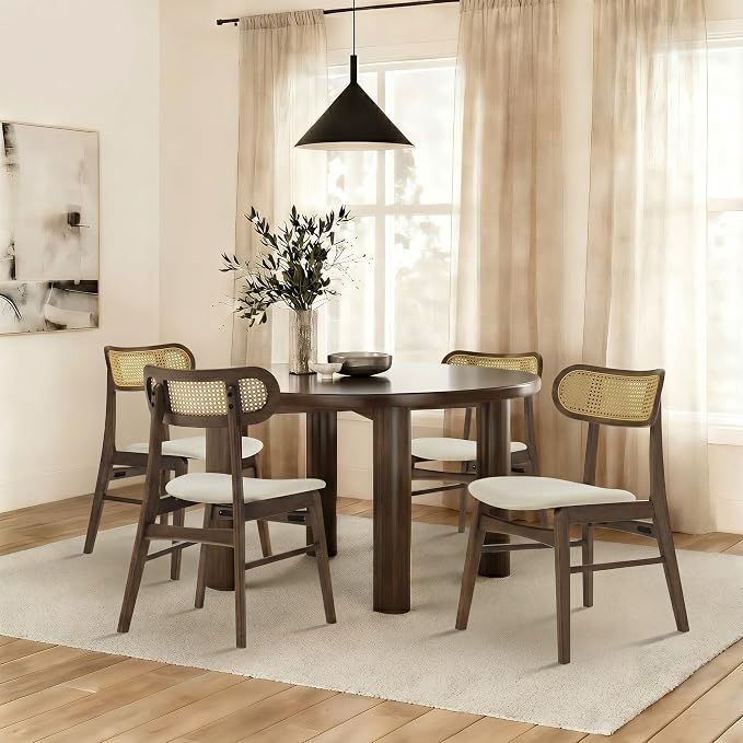 KISLOT Rattan Dining Chairs Set of 4, Upholstered Modern Dining Room Chairs, Mid Century Oak Wood Kitchen Chairs with Rattan Backrest for Farmhouse, Restaurant, Café (Cream Fabric & Walnut Color)