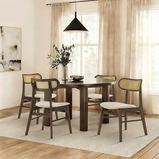 KISLOT Rattan Dining Chairs Set of 4, Upholstered Modern Dining Room Chairs, Mid Century Oak Wood Kitchen Chairs with Rattan Backrest for Farmhouse, Restaurant, Café (Cream Fabric & Walnut Color)