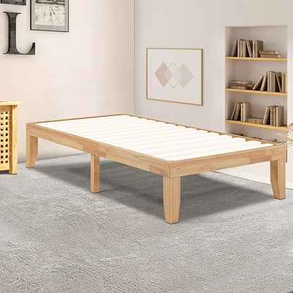COSTWAY Twin Size Platform Bed Frame, 14 Inches Solid Rubber Wood Bed Mattress Foundation with Sturdy Slats Support, Easy Assembly Bed Frame for Home Hotel, No Box Spring Needed (Natural, Twin)