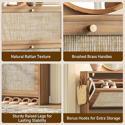 Nicetree Shoe Cabinet Storage for Entryway, 4-Flip Drawer Narrow Shoe Rack, Organic Modern Rattan Shoe Organizer, Shoe Organizer Fits Men's Size 13.5, Walnut