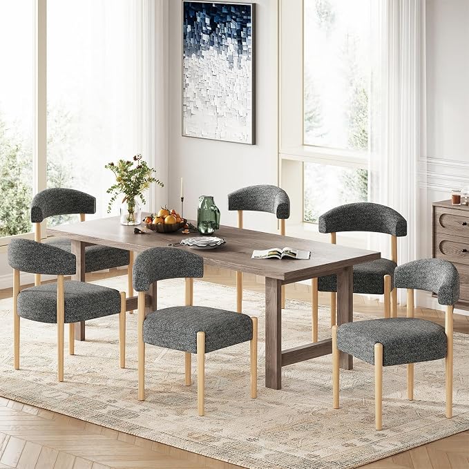 VKNOW Wooden Dining Chairs Set of 6 with Curved Open Back, Orange | Natural Rubberwood Legs, Soft Chenille Fabric, Thickened Cushion, For Adults and Family, Dining Room, Kitchen, No Wobble