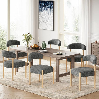 VKNOW Wooden Dining Chairs Set of 6 with Curved Open Back, Orange | Natural Rubberwood Legs, Soft Chenille Fabric, Thickened Cushion, For Adults and Family, Dining Room, Kitchen, No Wobble