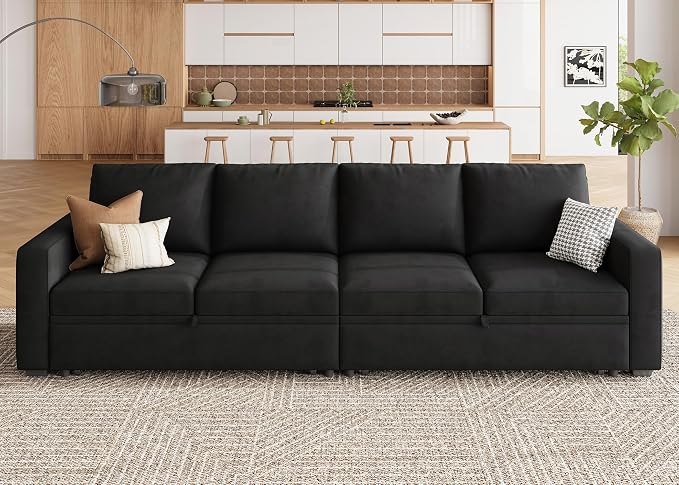 HONBAY Modular Sectional Sleeper Sofa Bed, with Pull Out Bed, Linen Convertible Sectional Couches for Living Room - Black
