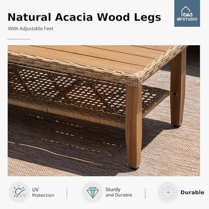 MFSTUDIO L Shaped Outdoor Couch Set, Wicker Patio Furniture Set, Rattan Outdoor Sectional Sofa with Acacia Wood Coffee Table, 3 Pieces Small Patio Conversation Set for Backyard, Beige