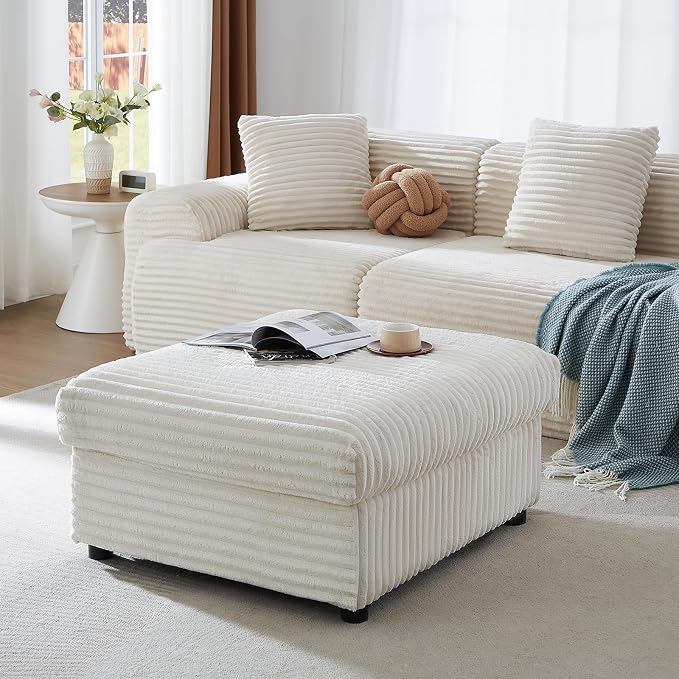35" Corduroy Ottoman with Storage, Oversized Storage Ottoman for Living Room, Large Square Ottoman for Sofa Couch, Beige
