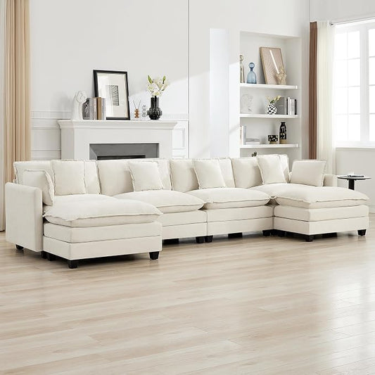 147'' Sectional Cloud Deep Seat Couch, Oversized Chenille U Shaped Sectional Sofa for Living Room Set, Comfy Upholstered Modular Sectional Sofa Couch with 2 Movable Ottoman, Beige