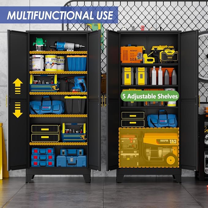 75" Metal Garage Storage Cabinet with 2 Doors, 5 Adjustable Shelves | Metal Storage Cabinets,Steel Tool Cabinets for Home Office,Garage,Warehouse, Widen (Black, 75''H x 32''W x 16''D-B)