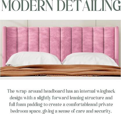 alazyhome Platform Bed Frame Twin Size with Upholstered Headboard, Solid Wood Slats Support, No Box Spring Needed, Noise Free, Easy Assembly, Modern Velvet Bed, Pink
