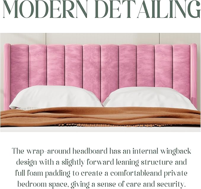 alazyhome Platform Bed Frame Full Size with Upholstered Headboard, Solid Wood Slats Support, No Box Spring Needed, Noise Free, Easy Assembly, Modern Velvet Bed, Pink
