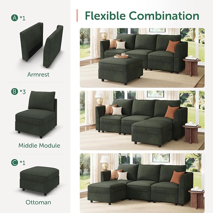 HONBAY Modular Sectional Sofa with Storage L Shaped Sectional Sofa, Convertible Couches for Living Room - Green