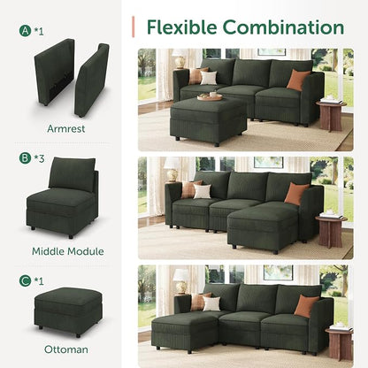HONBAY Modular Sectional Sofa with Storage L Shaped Sectional Sofa, Convertible Couches for Living Room - Green