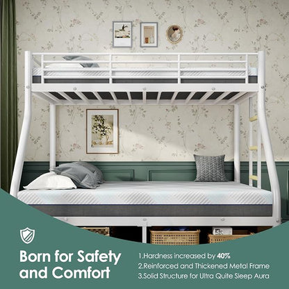 Bunk Beds Twin XL Over Full Size with 6" Mattresses Included, All-in-One Bunk Bed for Kids/Adults, Heavy Duty Sturdy Frame with Ladder Guardrail, with Memory Foam Mattresses, White