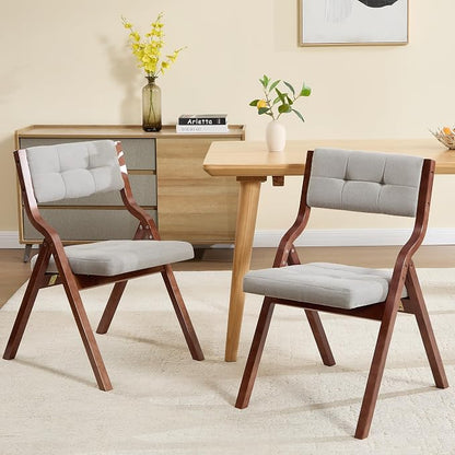 Folding Chairs with Cushion Set of 2,Padded Foldable Dining Chairs,Portable Wooden Folding Dining Chairs for Dining Room Kitchen Wedding Party Indoor Linen Walnut Lightgrey