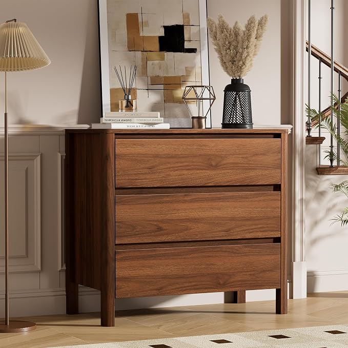 Furniway 31.5" Mid-Century Modern Dresser for Bedroom, 3 Drawer Small Chest of Drawers with Wood Legs, Large Storage Bedroom Dresser, Walnut