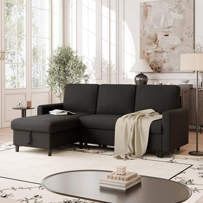 Vongrasig Pull Out Couch with Storage for Small Space, Black Corduroy | 2 in 1 Small Sofa Bed Sleeper Sofa with Storage, 77" L Shaped Convertible Sofa with Storage Chaise for Living Room, Apartment
