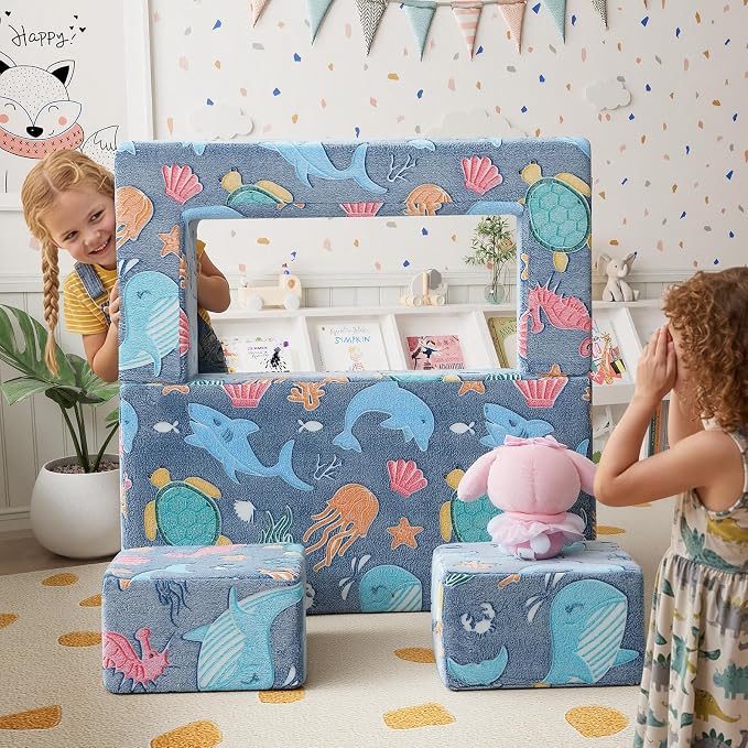 MeMoreCool Mermaid Glow-in-the-Dark Kids Play Couch, Denim Mermaid Modular Toddler Couch for Girls, Convertible Foam Sofa Bed for Playroom Bedroom, 220 lbs Capacity