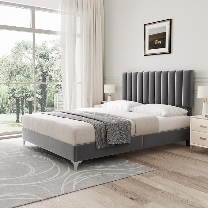 IDEALHOUSE Queen Size Bed Frame with Adjustable Headboard, Velvet Upholstered Platform Bed Frame with Wooden Slats Support, Queen Bed Frame with Under Space, Easy Assembly, Dark Grey