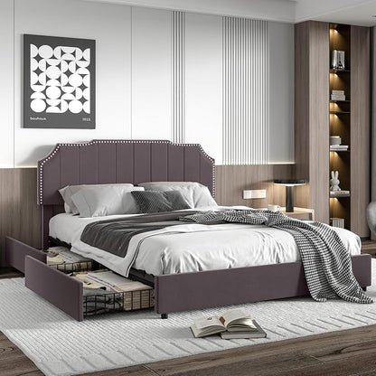VECELO Full Velvet Upholstered Platform Bed Frame with 4 Rollers Storage Drawers,Full Size Bed with Tufted Height Adjustable Headboard,Wooden Slats/No Box Spring Needed/Easy Assembly