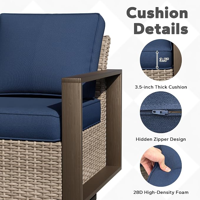 Outdoor Patio Swivel Rocker Chairs, 7 Pieces Wicker Furniture Set, 2 Swivel Rocking Chairs, 2 Sofa 2 Ottoman and 1 Table, Wide Armrest, Thick Cushions and Deep Seating for Garden, Backyard, Porch