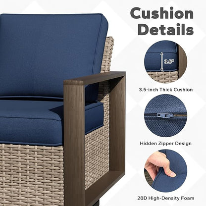 Outdoor Patio Swivel Rocker Chairs, 7 Pieces Wicker Furniture Set, 4 Swivel Rocking Chairs, 1 Sofa and 2 Ottoman, Metal Wide Armrest, Thick Cushions and Deep Seating for Garden, Backyard, Porch, Deck