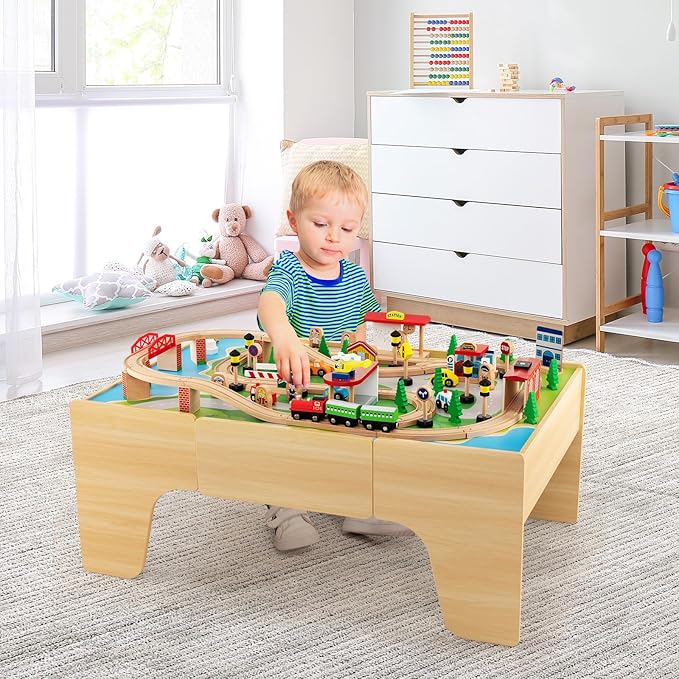 Costzon Train Table, 3-in-1 Wooden Train Set Table w/Reversible 84 PCS Track Train Toys, Table Map & Storage Drawer for Building, Playing, Studying, Kids Activity Table for Toddlers Aged 18 M+