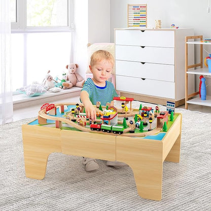 Costzon Train Table, 3-in-1 Wooden Train Set Table w/Reversible 84 PCS Track Train Toys, Table Map & Storage Drawer for Building, Playing, Studying, Kids Activity Table for Toddlers Aged 18 M+