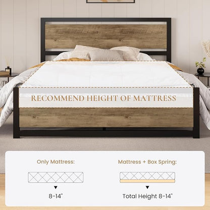 SHA CERLIN Heavy Duty King Size Bed Frame with Modern Headboard, Brown | Platform Metal Base with Square Footboard and 13 Strong Slats Support, No Box Spring Needed