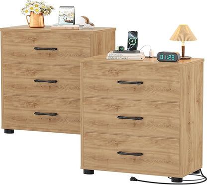 Aheaplus Night Stand Set of 2 with Charger Station, 21.7'' Wider Nightstands with 3 Wooden Drawers, Large Tall Bedside Table, Modern End Side Table Set, Nightstand for Bedroom, Natural Oak