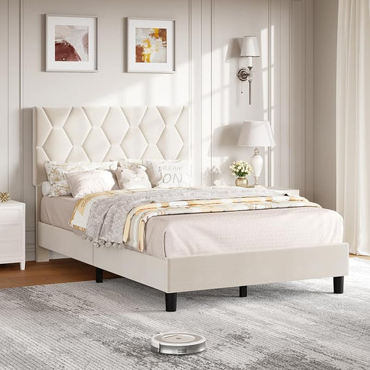 GarveeHome Twin Size Platform Bed Frame with Upholstered Headboard and Wooden Slats Support, Upholstered Mattress Foundation/No Box Spring Needed/Easy Assembly, Beige
