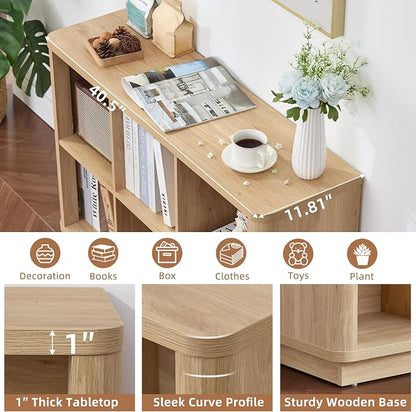 Joaxswe 6 Cube Storage Book Shelf, 40" Wide Low Horizontal Bookcase with Curved Edge, Floor Standing 2-Tier Wooden Bookshelf with Base, Modern Short Book Case for Bedroom, Study, Entryway, Natural Oak