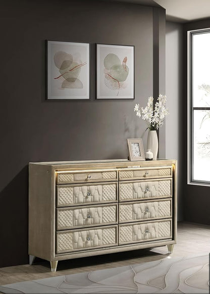 Coaster Home Furnishings - Lorient - Wood and Velvet - 8-Drawer Dresser with LED Lighting, Quilted Fronts and Crystal Knobs - Bedroom - Ivory and Camel - 222663