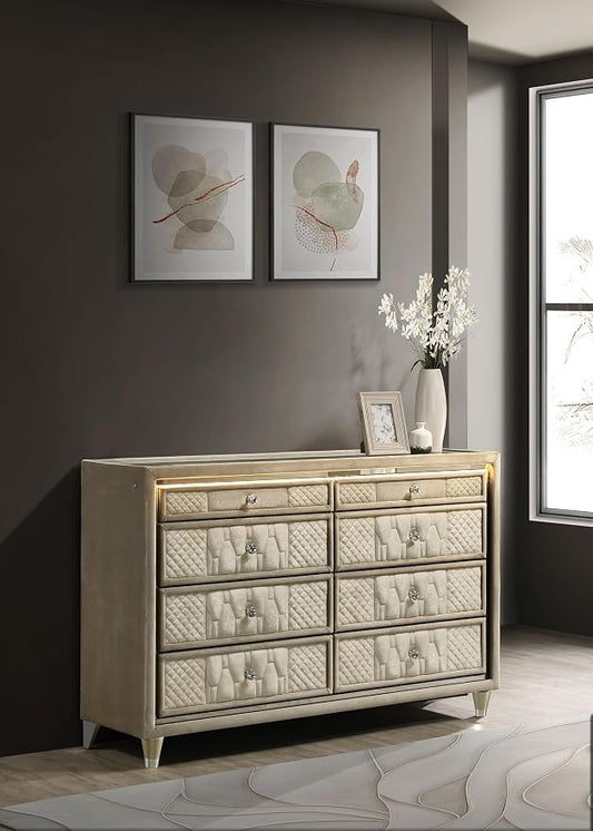 Coaster Home Furnishings - Lorient - Wood and Velvet - 8-Drawer Dresser with LED Lighting, Quilted Fronts and Crystal Knobs - Bedroom - Ivory and Camel - 222663
