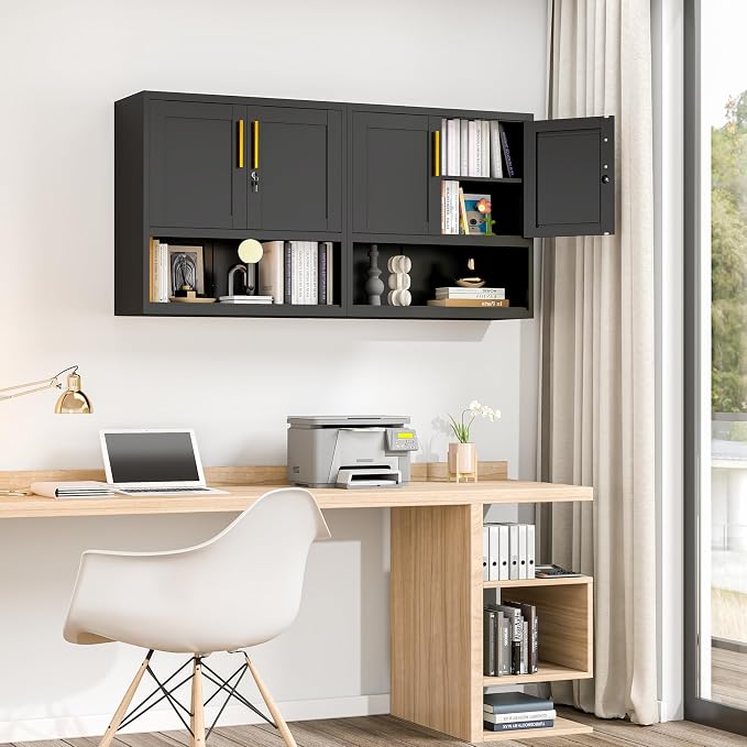 GAIOUS Metal Garage Wall Cabinet with Lock, Wall Mounted Steel Tool Cabinet | with Door and Shelf, Medicine Cabinet with Open Area, Hanging Cabinet for Garage Warehouse Bathroom Kitchen, Black