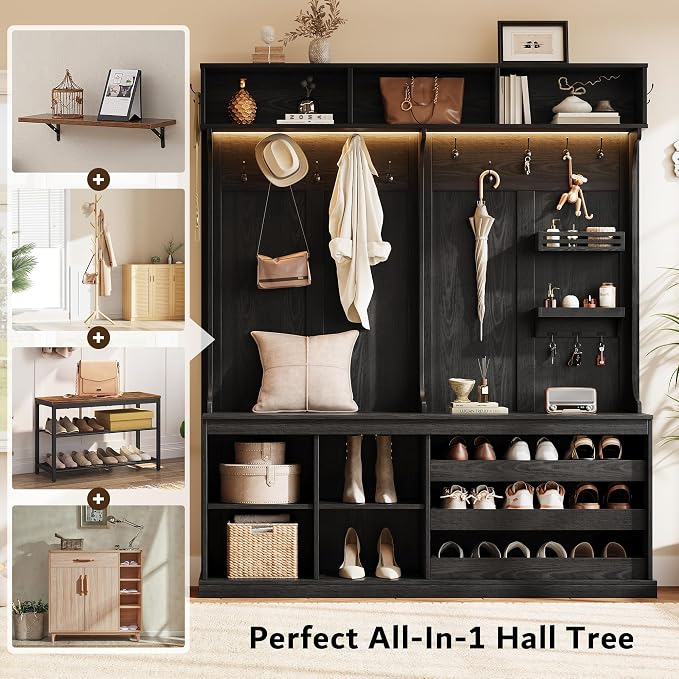 iPormis 70“ Large Hall Tree with Bench and Adjustable Shoe Storage, 6-in-1 Farmhouse Entryway Bench w/Coat Rack, Small Shelves, Top Storage for Living Room, Entryway, Led Lights, Black