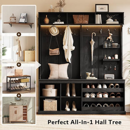 iPormis 70“ Large Hall Tree with Bench and Adjustable Shoe Storage, 6-in-1 Farmhouse Entryway Bench w/Coat Rack, Small Shelves, Top Storage for Living Room, Entryway, Led Lights, Black