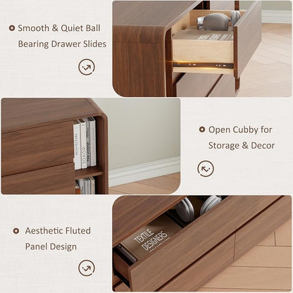 Whalefall 63 Inch 6 Drawer Dresser with Shelves, Rounded Corner, Walnut | Large Chest of Drawers for Bedroom, Mid Century Modern, Wood Closet Storage Organizer, Wide TV Stand for Living Room