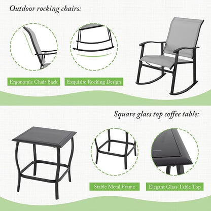 Shintenchi 3 Piece Rocking Bistro Set, Outdoor Furniture with Rocker Chairs and Glass Coffee Table Set of 3, Balcony, Porch Furniture for Small Space, Light Gray