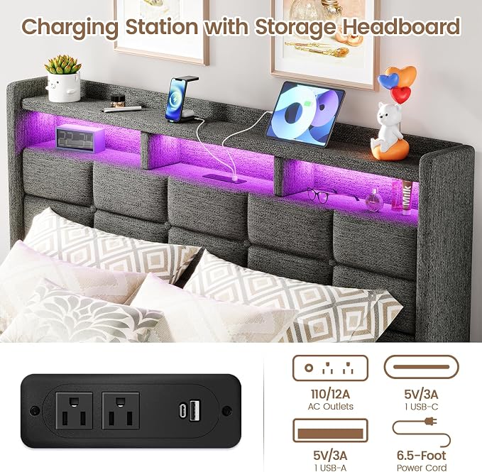 Driftalia Lift Up Full Size Bed Frame with Storage, Upholstered Full Bed Frame with LED Lights Headboard and Charging Station, No Box Spring Needed, Easy Assembly - Dark Grey