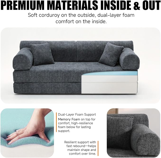 78.84" Boneless Couch with Memory Foam, Corduroy Convertible Loveseat for Apartment Living Room, Floor Sofa Bed,1200 lb, Vacuum Packed Couch in a Box, Charcoal Gray