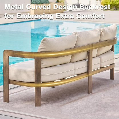 Aluminum Outdoor Patio Sofa, 3-Seat All-Weather Metal Modern Couch with Washable Thick Cushion for Garden/Backyard/Porch, Beige | All-Weather Metal