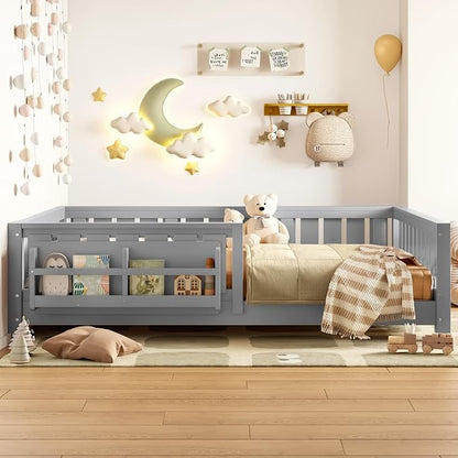 Bellemave Full Size Floor Bed with Slats and Guardrails, Full Size Montessori Floor Bed with Bookcase and Fence, Low Profile Montessori Beds for Kids, Gray Floor Beds Frame