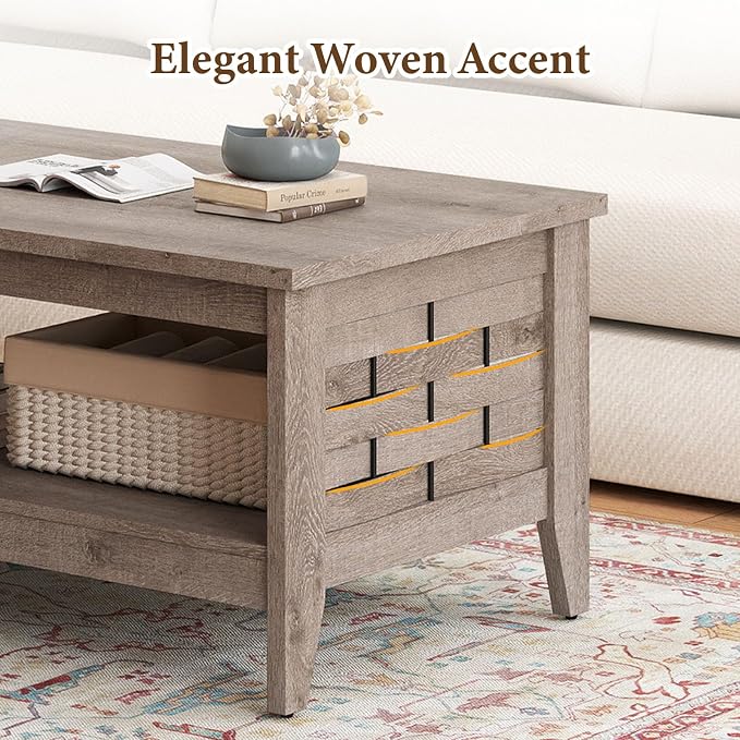 Giantex Farmhouse Coffee Table, 2-Tier Center Table with Storage Open Shelf & Woven Slatted Design, 39.5" Rectangular Accent Cocktail Table, Wood Coffee Tables for Living Room (Rustic Oak)