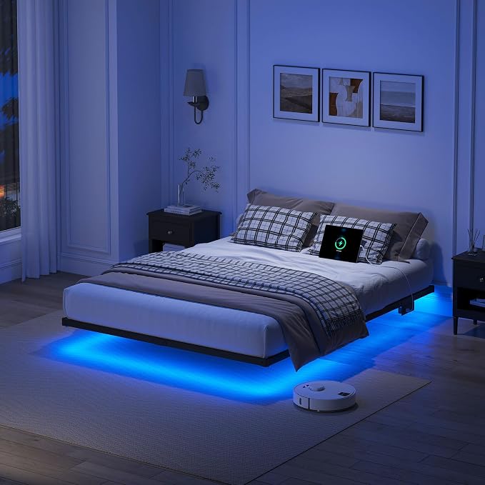 YORMDMO Floating Bed Frame Queen Size, Heavy Duty Bedframe with Smart LED Lights & Charging Station, Modern Metal Platform Bed, Easy Assembly No Box Spring Needed, 8 Inch